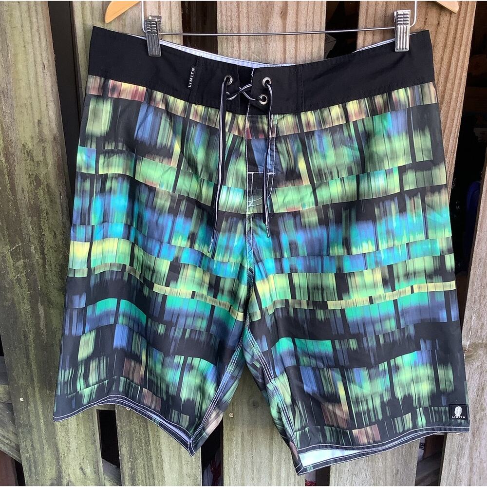 Limits Size 46 Board Shorts Green Blue Abstract No Mesh Hybrid Surf 36" Waist